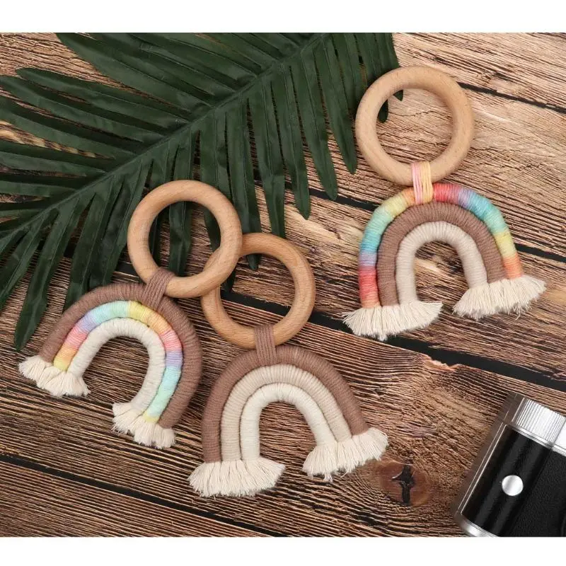 Baby Teething Ring Rainbow Tassel Macrame Wooden Boho Teether Stroller Gift Decoration Toys Shower | Мать и ребенок