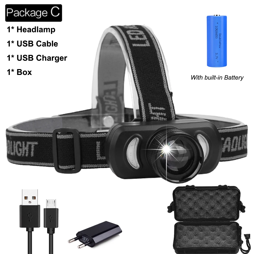 Package C Супер мощный налобный фонарь, красный светильник, синий светильник, налобный светильник, USB Перезаряжаемый налобный светильник, налобный фонарь, водонепроницаемый Головной фонарь - Испускаемый цвет: Package C