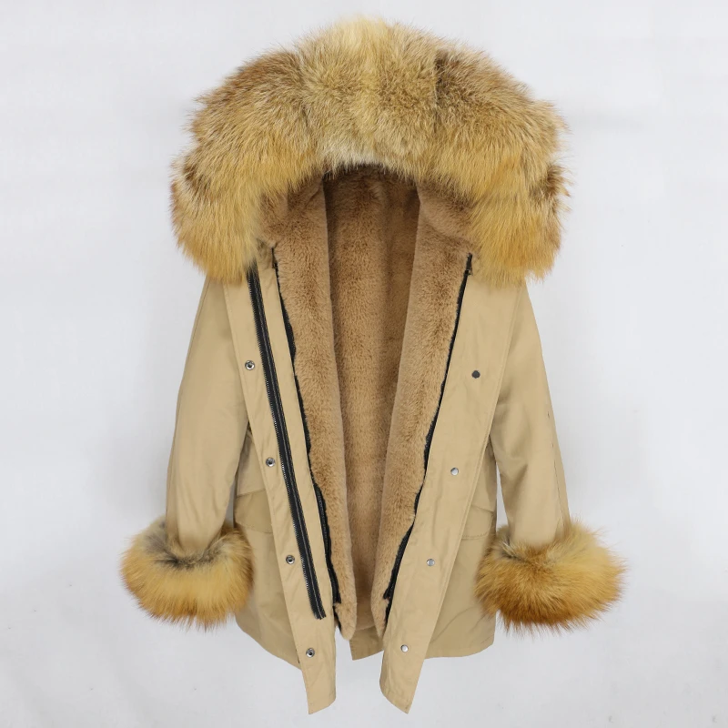 beige red fox fur Новая водонепроницаемая парка зимняя куртка Для женщин пальто из натурального меха, сапоги на натуральном лисьем меховой капюшон, воротник манжеты Теплая верхняя одежда в уличном стиле - Цвет: beige red fox fur