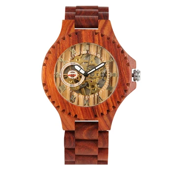 

Automatic-self-winding Mechanical Wooden Watch Men Hollow Out Dial Durable Red Brown Wooden Band