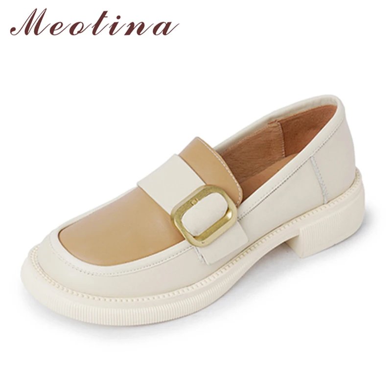 

Meotina Women Thick Med Heel Pumps Genuine Leather Loafers Shoes Buckle Round Toe Ladies Footwear Spring Autumn Black Beige 40