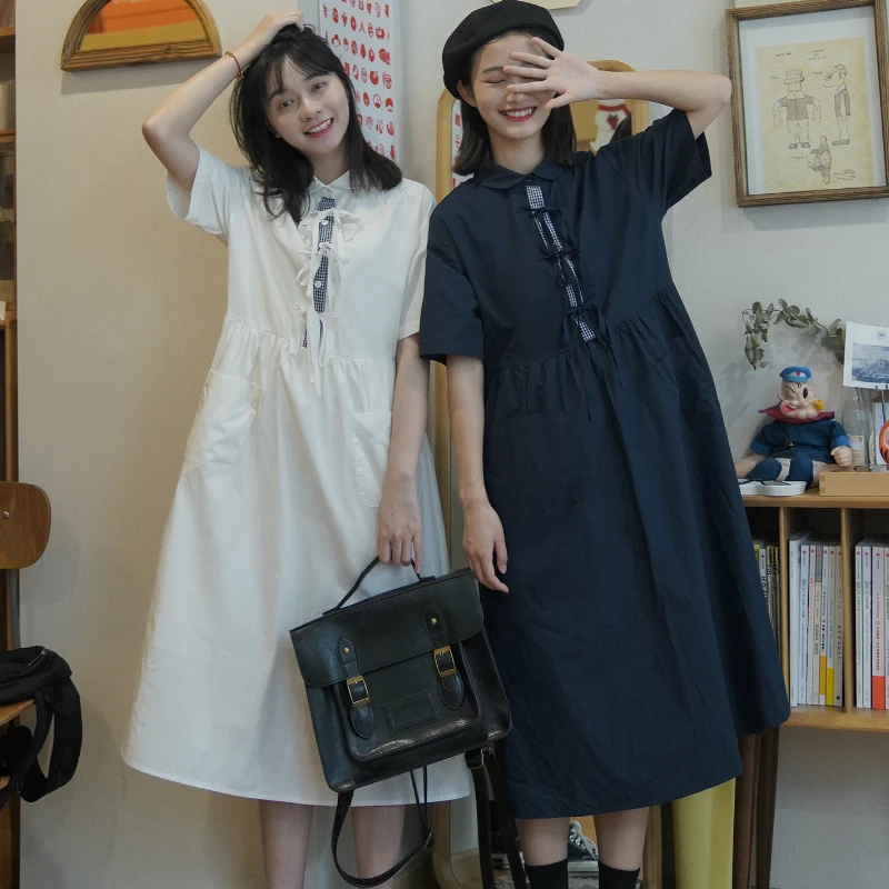 Dress Women Harajuku Patchwork Short Sleeve Bandage Baggy Preppy Style Summer Dresses Cute Girls Casual Midi Girlfriend Fashion | Женская