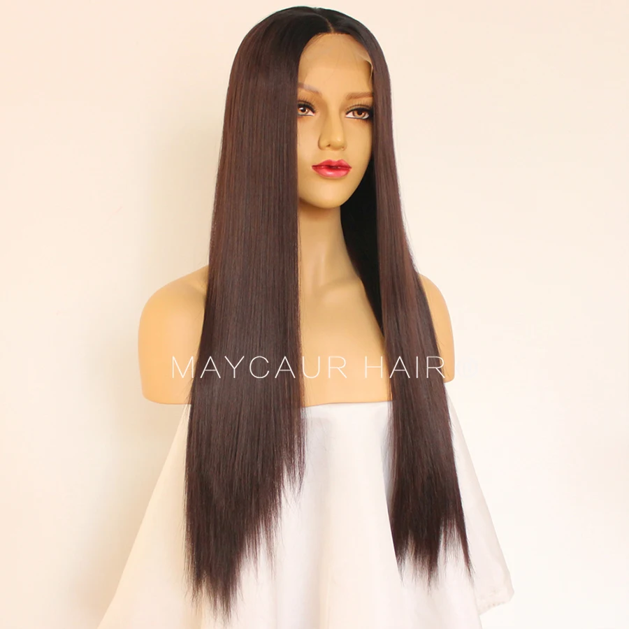 Maycaur Long Straight Wigs with Natural Baby Hair Synthetic Lace Front Wigs for Black Women Glueless Black Brown Ombre Color Wig (2)