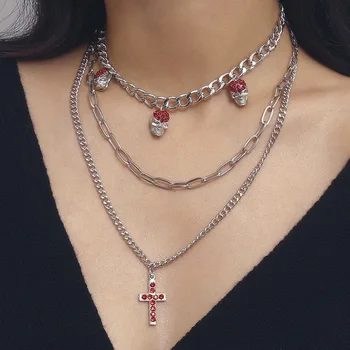 

and the United States cross-border accessories cross geometric retro sautoir female red zircon skulls tassel necklaces