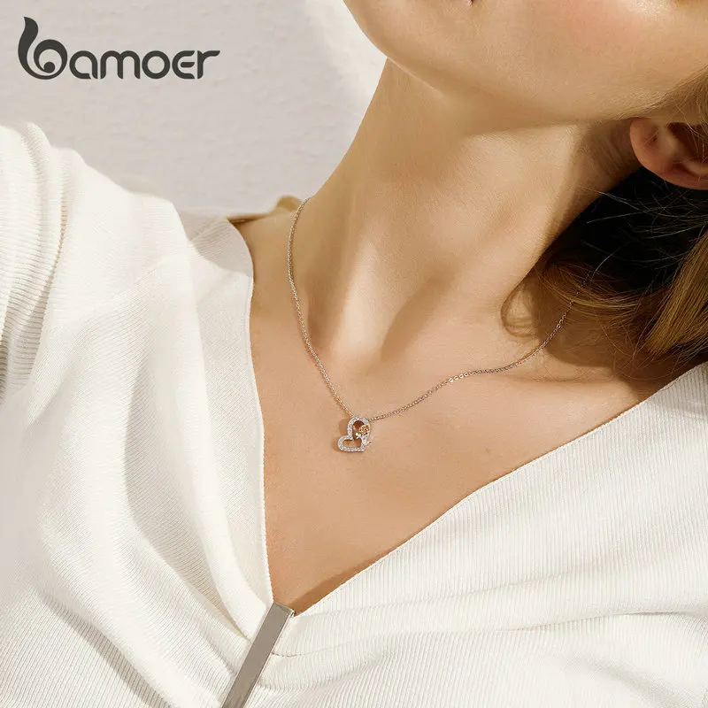 Bamoer, серебро, 925, ювелирное изделие, сердце и Роза, подвеска, цепь, ожерелье для женщин, хорошее, свадебное, обручальное, ювелирное изделие, BSN132