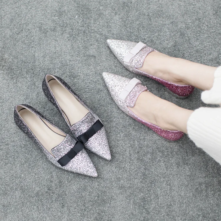 

Pointed Shoes Women's 2018 New Style Spring And Autumn Versatile Korean-style Genuine Leather Low Heel Shoes Women's Sequin Flat