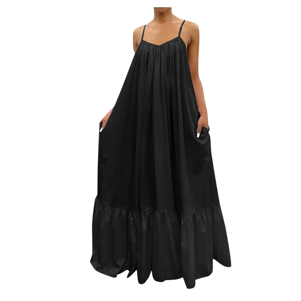 &amp35 Women Boho Dress Fashion Casual Solid Strap Pocket Loose Backless Big Swing Plus Size Summer 2020 | Женская одежда