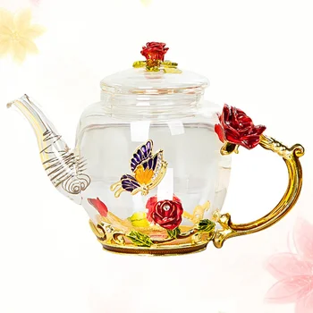

1PC Enamel Teapot Glass Teapot High Temperature Steamed Tea Boiled Teapot Boiling Water Pot Filter Teapot (Red Rose Style)