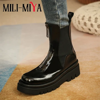

MILI-MIYA Fashion Women Cow Leather Ankle Boots Zipper Platform Heels Solid Color Fashion Street Shoes For Ladies Size 34-39