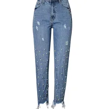 Женская одежда Высокая талия тонкий прямой труба жемчуг 3 цвета шипованных нерегулярные ноги бахрома отверстие ковбойские брюки