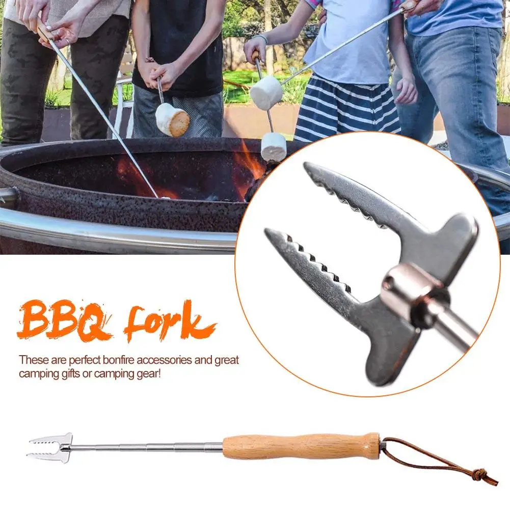1Pc Stretchable BBQ Forks for Outdoor Camping Campfire Stainless Steel Wooden Handle Telescoping Barbecue BBQ Forks