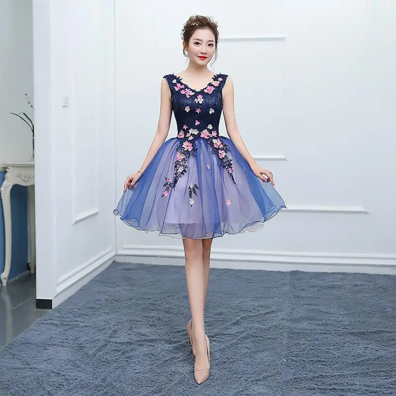 Вечернее платье с v-образным вырезом без рукавов, классическое бальное платье с цветочной аппликацией, милые бальные платья - Color: Short