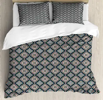 

Abstract Duvet Cover Set Nested Geometric Shapes with Stripes 3 Piece Bedding Set Indigo Salmon