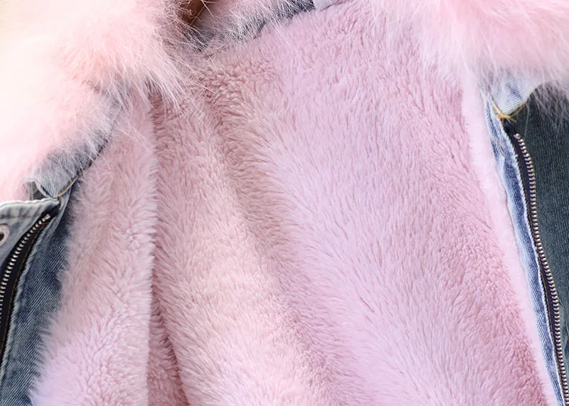 winter new plus velvet thickening lamb hair really fox big fur collar warm denim jacket female