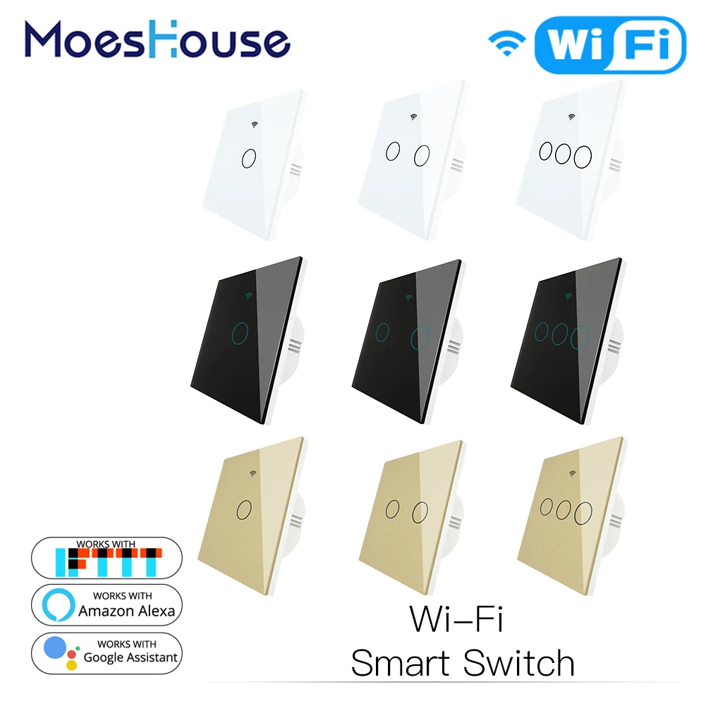 WiFi Smart Wall Touch Light Switch Smart Life/Tuya Wireless Remote Control Work with Alexa Google Home White Black Gold