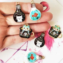 10pcs/pack Light Bulb Cat Cup Enamel Charms Jewelry Earring Bracelets DIY Pendant Jewelry Making Golden Base