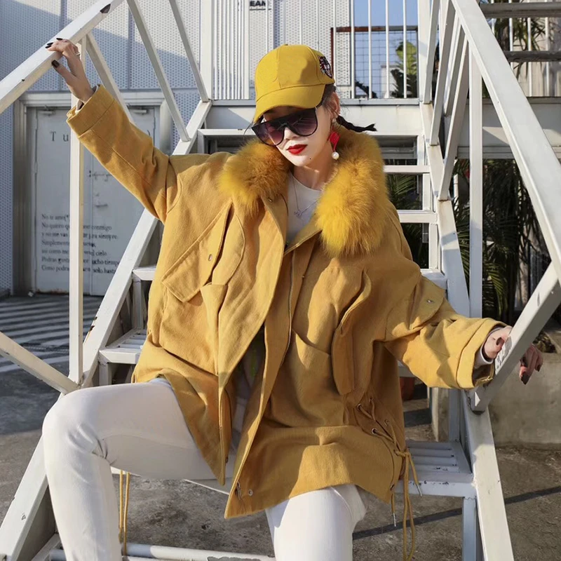 TWOTWINSTYLE, Бандажное хлопковое пальто, женское, меховой воротник, рукав, шнуровка, карман, теплая, толстая, Женская парка, модная одежда