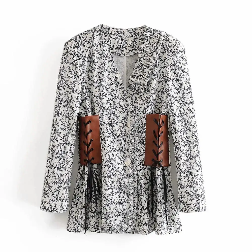 

PU Patchwork Dress Vintage Ruffles V Neck Floral Print Full Sleeve Buttons Mini Dresses 2020 Autumn Fashion Ladies Slim Dress