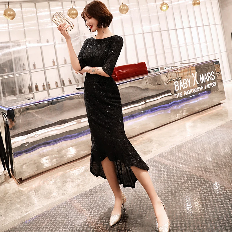 Черный Это YiiYa платье для выпускного вечера размера плюс Королевский синий Vestidos De Gala K151 элегантные вечерние платья для женщин с рукавом средней длины - Цвет: Черный