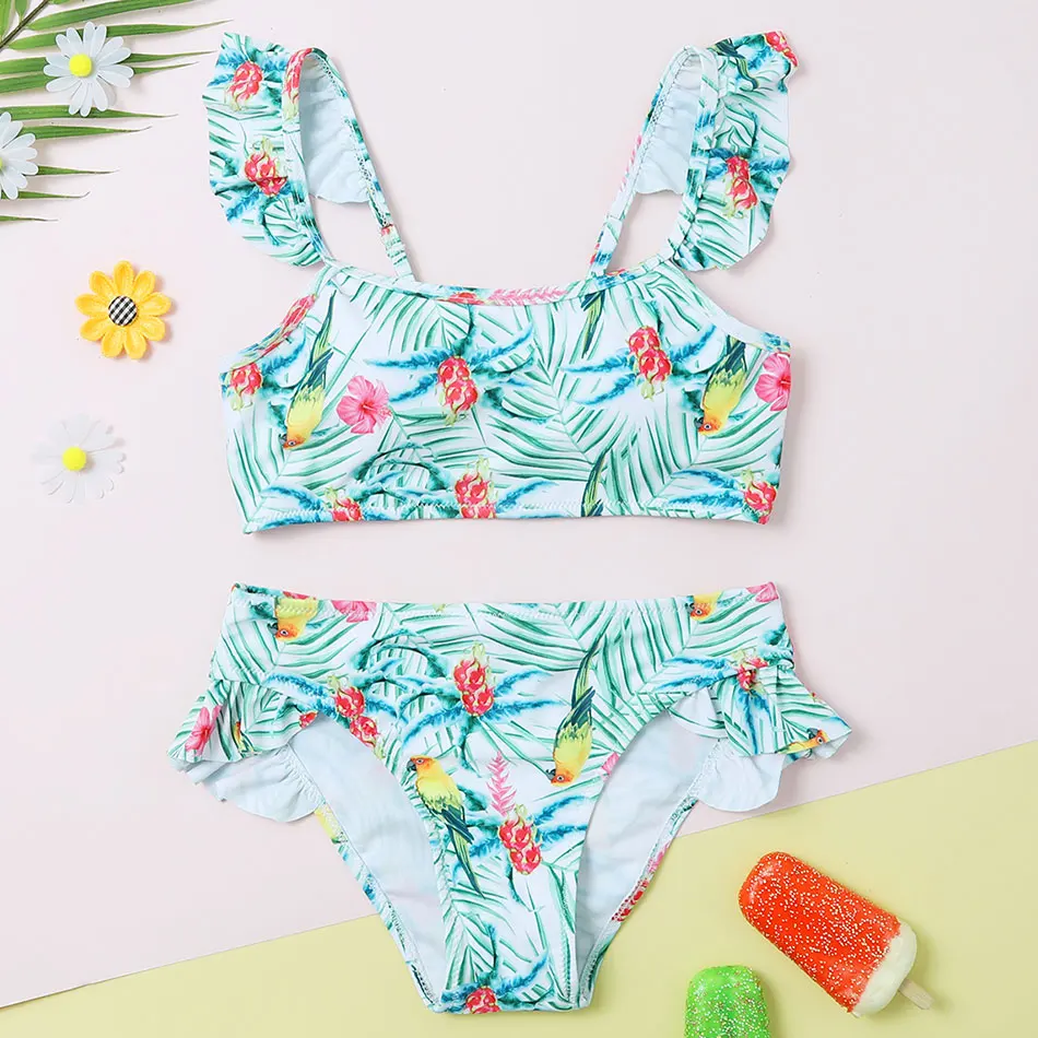 

Tropical Ruffle Girl Swimsuit Kids Print Two Piece Children's Swimwear Teenage Girl Bikini Set Girls Bathing Suit Beachwear 2021