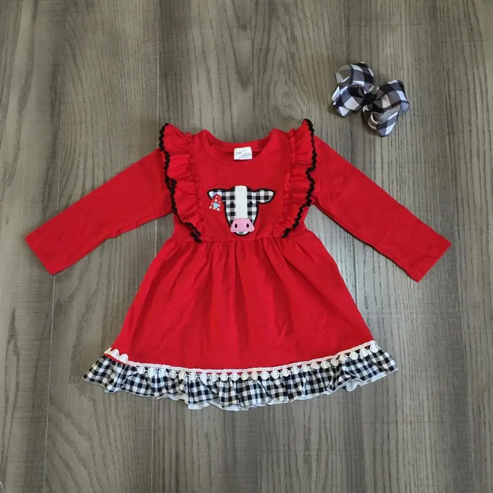 Весенне-зимняя детская одежда для маленьких девочек, наряды хлопок, корова, Красная клетка, молочный шелк, оборки, бутик детской одежды с бантом, длина до колен