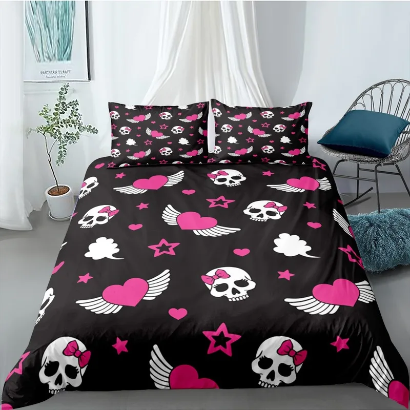Gothic Moth Heart Sugar Skull Printed Bedding Set Skeleton Love  