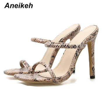 

Aneikeh NEW 2020 Summer Apricot snake pattern Fashion Women Sandals Peep Toe Basic Thin Heel Dress Female Shoes Pumps Size 35-42