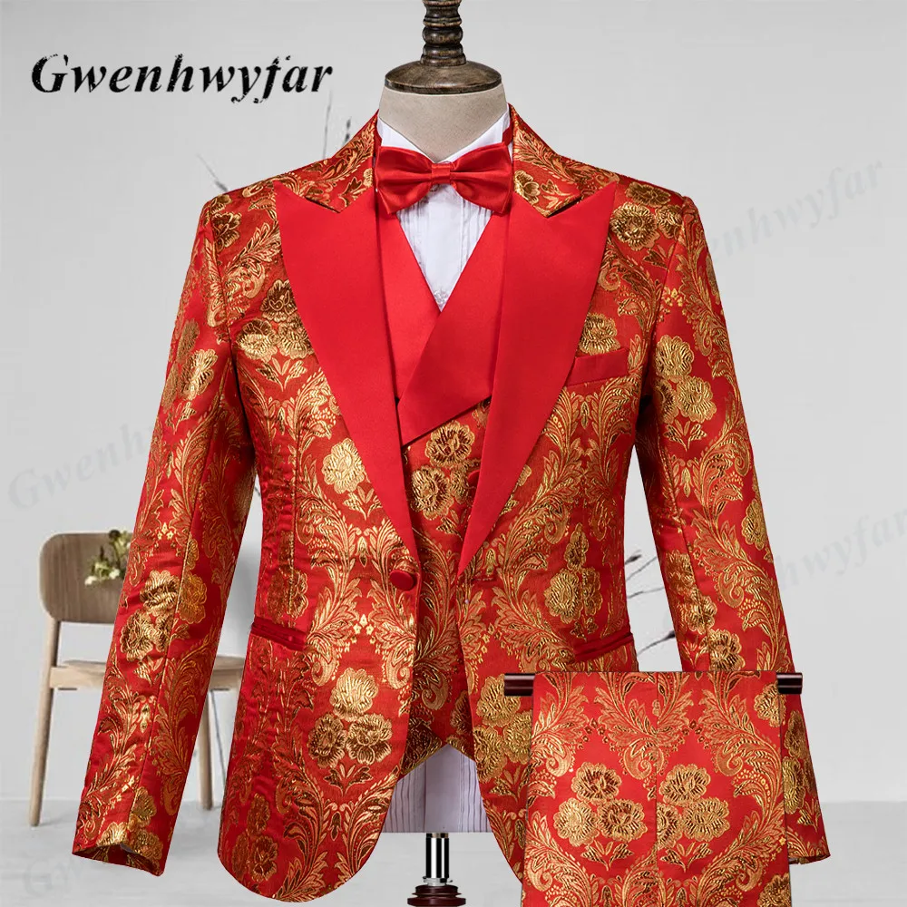 Gwenhwyfar Luxury Gold Embroidery Red Costume Homme Asian Topic Wedding Men Suit Blazer Waistcoat Pants Bowtie