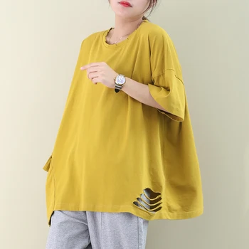 

[EWQ] 2020 Spring Summer New Pattern Round Collar Short Sleeve Hole Patchwork Pullovers Vintage T-shirt Women AK96401