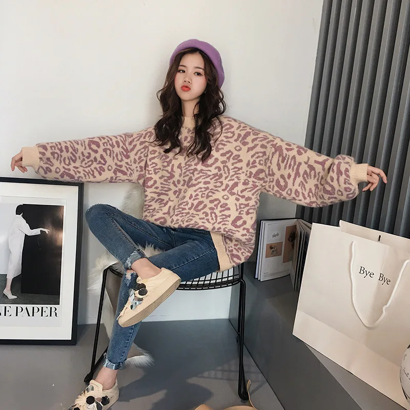 Winter Pullover Women's Leopard Sweater Knitwear Oversized Knitted Sweater Jumper Women Long Sleeve Sweaters Pull Femme - Цвет: Purple