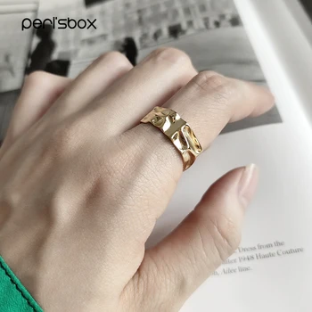 

Peri'sBox Chic Gold Hammered Ring for Women 925 Sterling Silver Geometric Textured Rings Irregular Ring Adjustable 2019 Fashion
