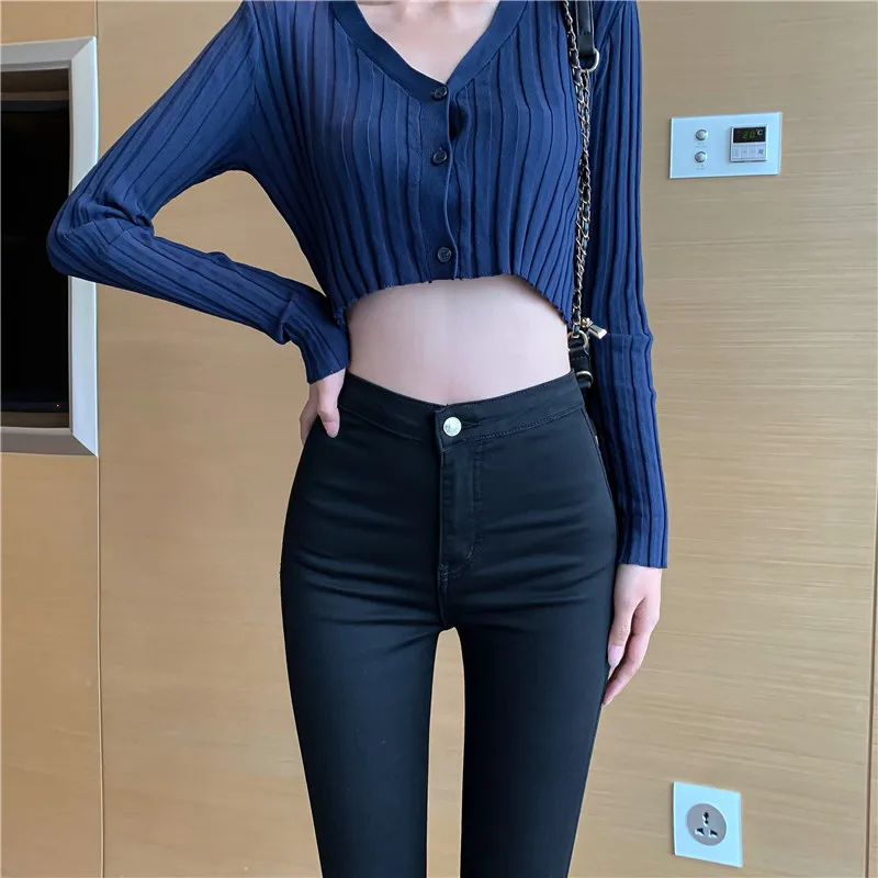 여성 청바지 하이 웨스트 스트레치 스키니 데님 바지 2021 봄 가을 블루 레트로 씻어 탄성 슬림 펜슬 바지