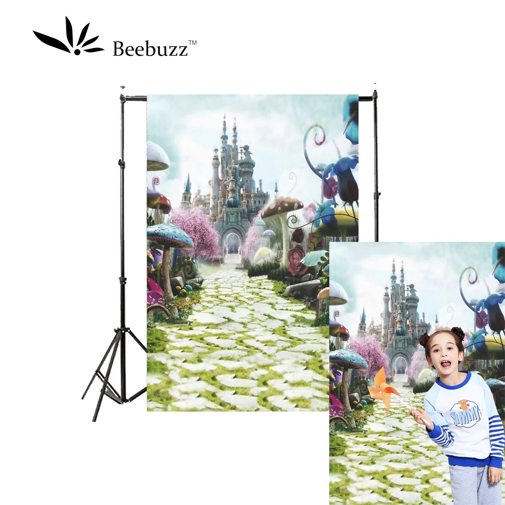 

Beebuzz photo backdrop castle park backgroung princess castle mushroom footpath pink tree photophone