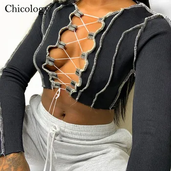 

Chicology lace up sexy streetwear patchwork stripe drawstring T-shirt long sleeve summer autumn women 2020 t shirt club clothes