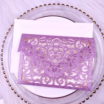 

Cordially Inviting- Purple Glitter Wedding Invitation Kit DIY Laser Cut Invitations for Quinceanera Bridal Shower Graduation