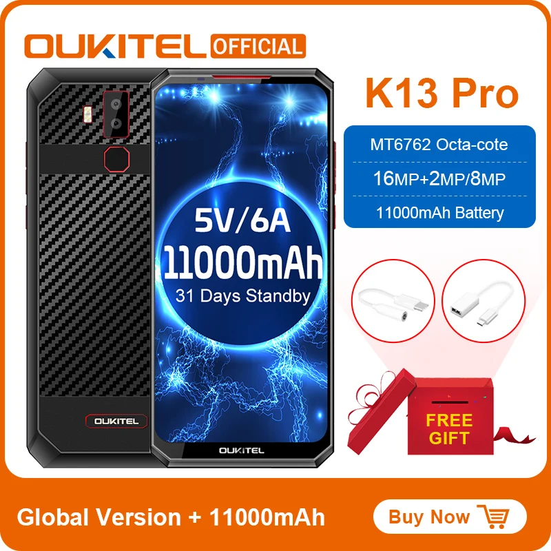 Мобильный телефон OUKITEL K13 Pro Android 9 0 экран 6 41 дюйма 19 5: MT6762 4 Гб ОЗУ 64 ПЗУ 5 В/6 А 11000 мАч