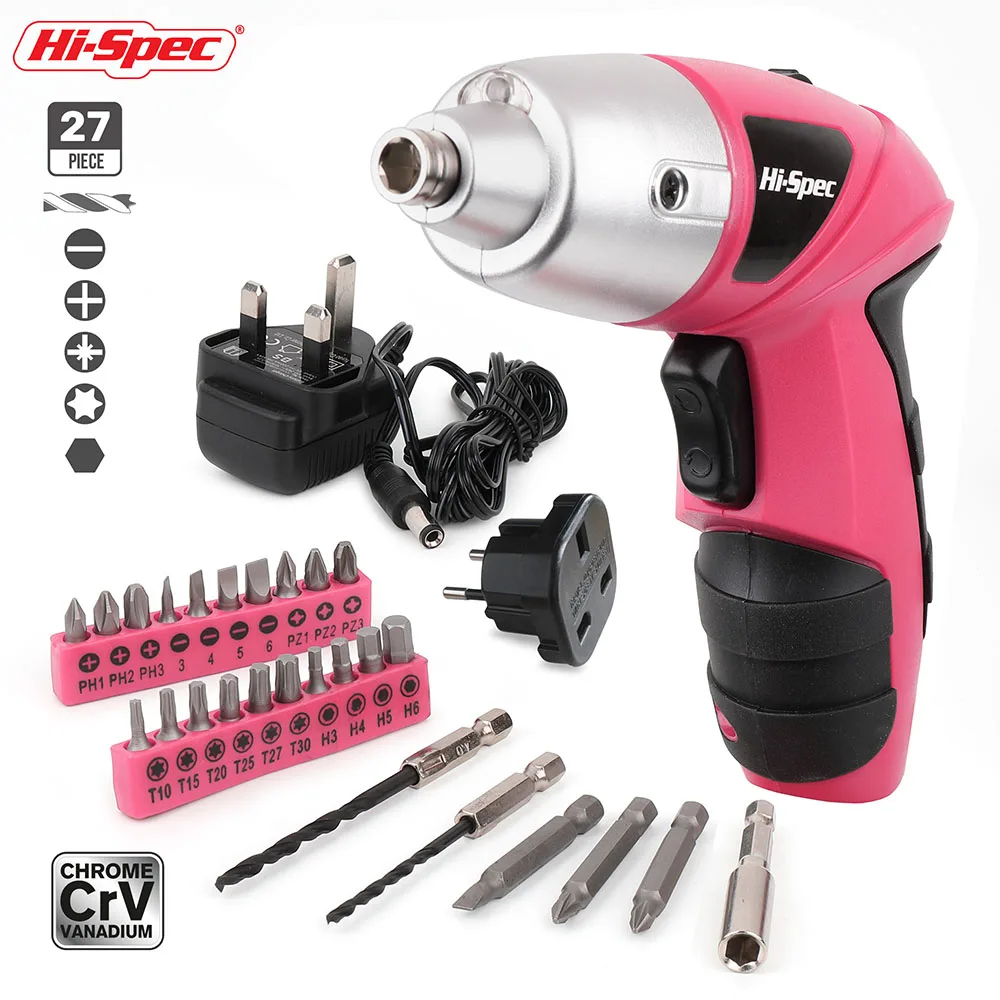 Hi-Spec Pink 4.8V Cordless Electric Screwdriver Cordless Screwdriver Household Drill Driver Power Gun Tool with LED Light
