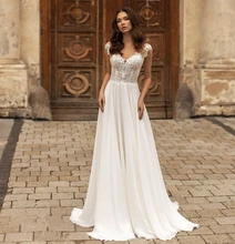 

Wedding Dress A-Line V-Neck Cap Sleeve Backless Lace Appliques Sequined Floor Length Sweep Train Bride Gown Custom Made New