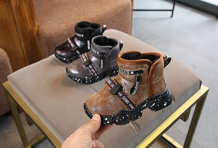 Winter Kids Girls Boys Black Gary Warm Cotton Fabric Non-slip Toddler Round Toe Snow Boots Children Shoes