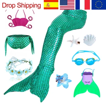 

9pcs/set Girls Swimmable Mermaid Tails Cosplay Costumes Girls Children Swimming Bikini Bathing Swimsuit with Hair Clips Monofin