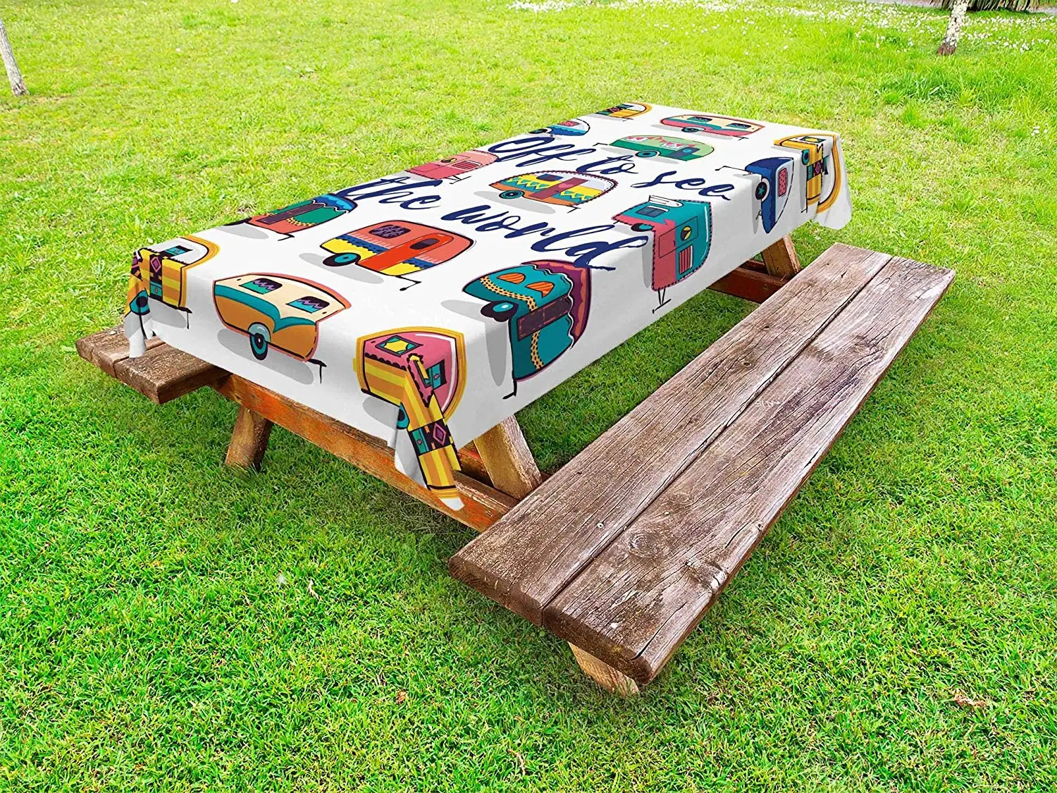 

Camper Outdoor Tablecloth Off to See The World Inspirational Words Mini Caravans Background Vintage Trip Image Decor Table Cover