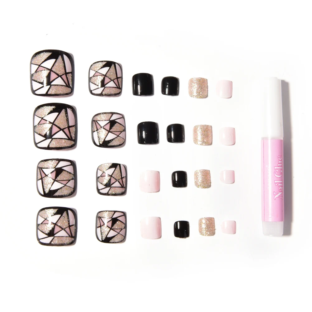 

24Pcs Black Charming Foot False Nail Tips Fake Toes Nails With Glue Art Tool