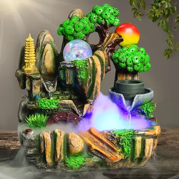 

220V Lucky Feng Shui Fountains Resin Rockery Micro Landscape Indoor Water Fountain Air Humidifier Waterfall Home Decoration Gift
