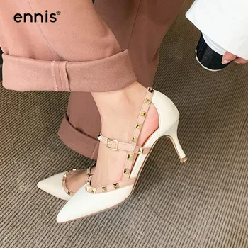 

ENNIS Brand Big Size High Heel Shoes Women Rivet Sandal Pumps Pointed Toe Summer Heels Genuine Leather Casual Shoes NEW P0018