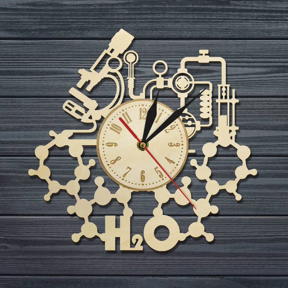 H2O химический эксперимент деревянные настенные часы школьный класс химии деревенский науки стены Художественная декоративная стена часы подарок для преподавателей