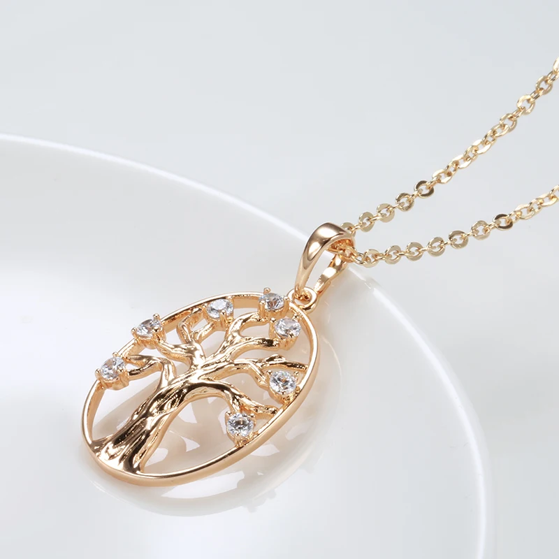 JULYDREAM Life Tree Geometric Oval Pendant 585 Gold Color Zircon Necklace Classic Long Chain Luxury Wedding Women Jewelry