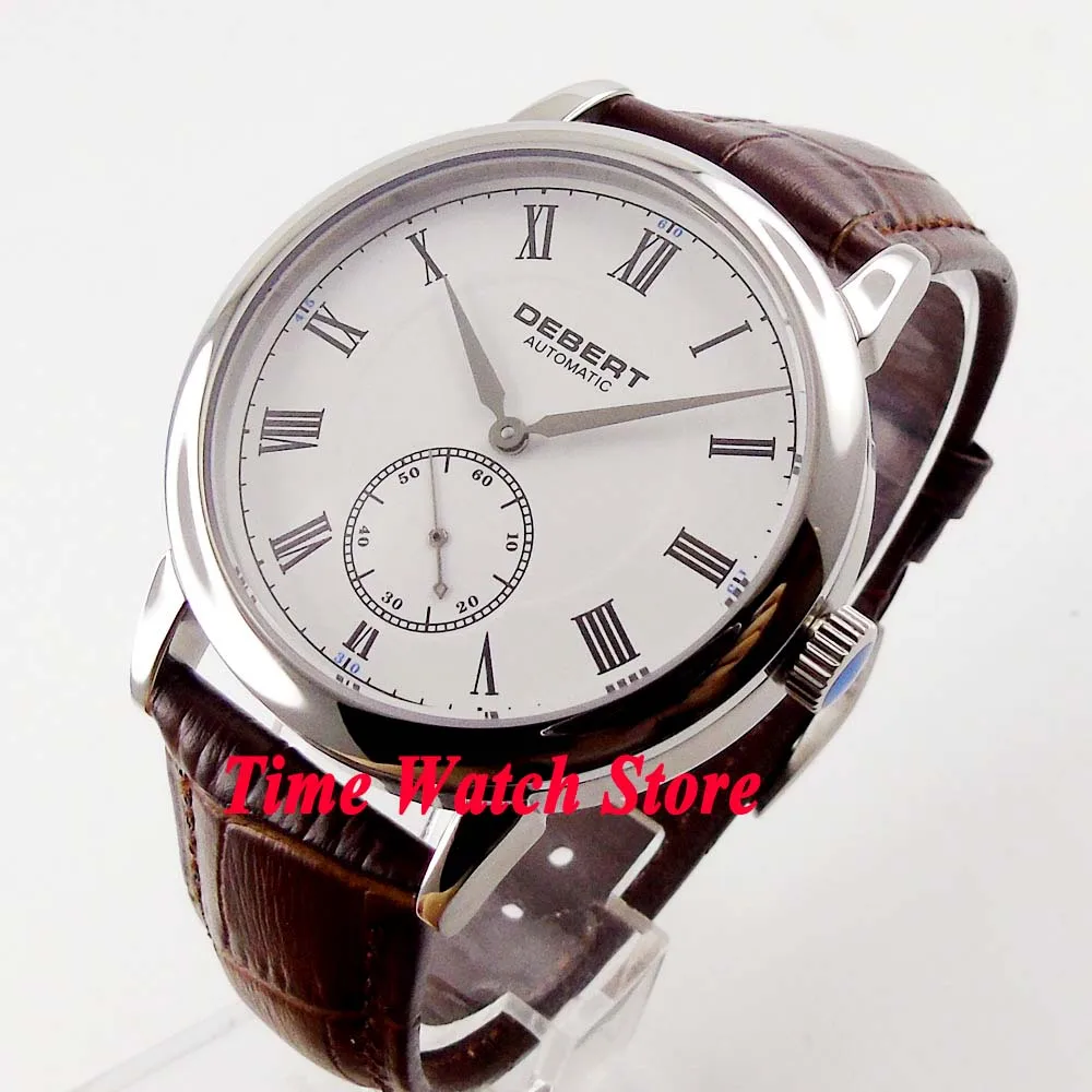 

DEBERT 40mm Automatic men's watch simple white dial Roman marks Leather strap sapphire glass mechanical DE27