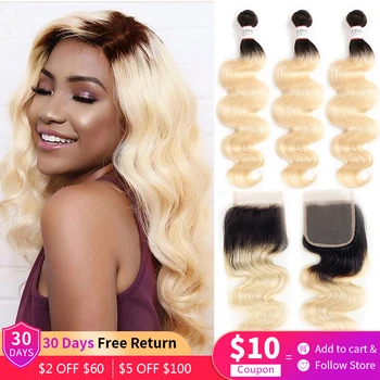 

1B 613 Body Wave Bundles With Lace Closure Brazilian Remy Human Hair 3 Bundles With 4x4 Closure Ombre Honey Blonde Hair Euphoria
