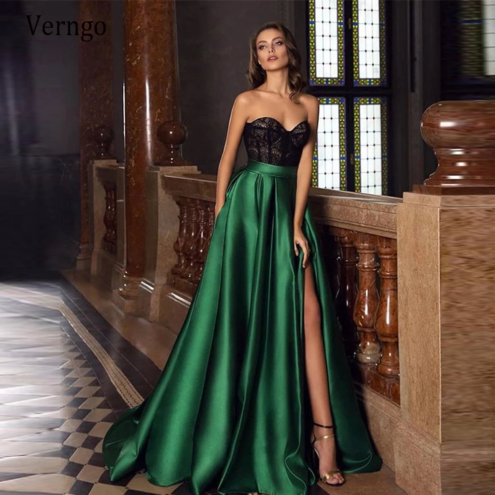 Verngo 2021 Modern Black And Emerald Green Evening Dresses Lace Satin ...