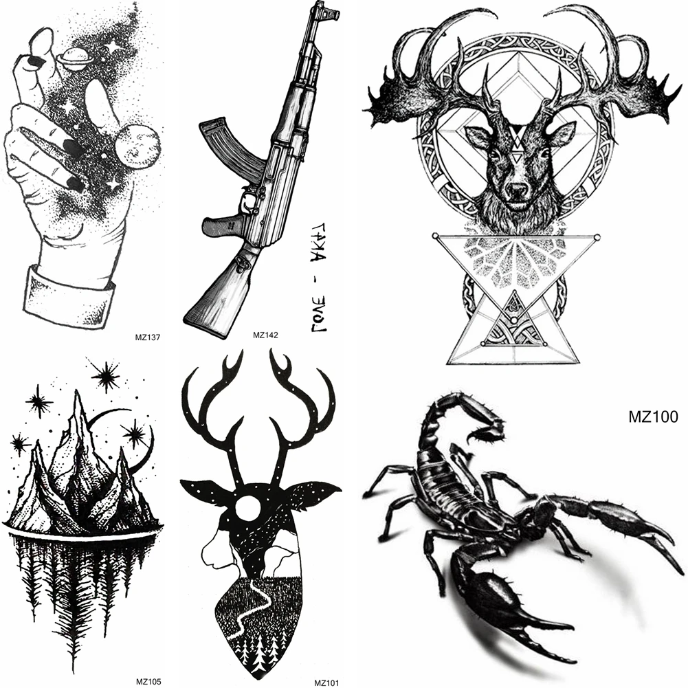 

Totem Elk Scorpion Temporary Tattoos Sticker Waterproof Planets Mountain Tattoos For Adult Fake Firearms Fashion Body Art Tatoos